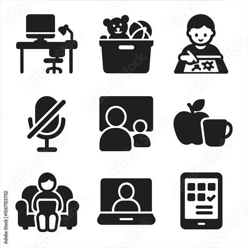 Remote Work Icons. Solid, filled icons set of remote work with kids: home desk, toy bin, child drawing, muted