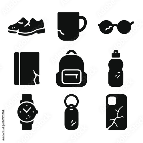 Worn Everyday Items Icons. Solid, filled icon set of worn everyday items: scuffed shoes, chipped mug, broken glasses, torn book
