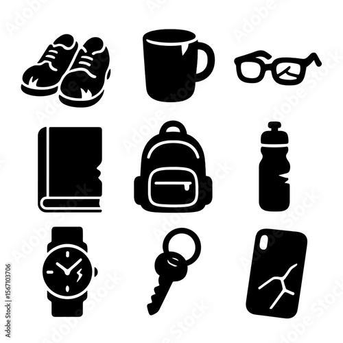 Worn Everyday Items Icons. Solid, filled icon set of worn everyday items: scuffed shoes, chipped mug, broken glasses, torn book