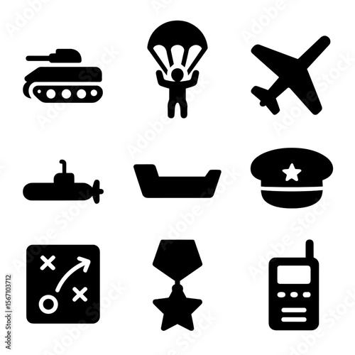 World War II Icons. Solid, filled icon set of World War II operations: tank, paratrooper, warplane, submarine, landing craft,