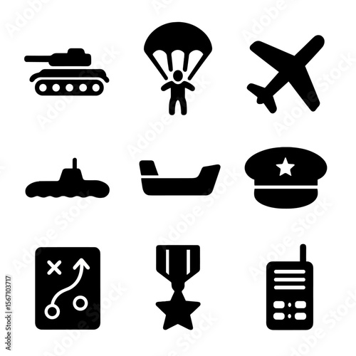 World War II Icons. Solid, filled icon set of World War II operations: tank, paratrooper, warplane, submarine, landing craft,