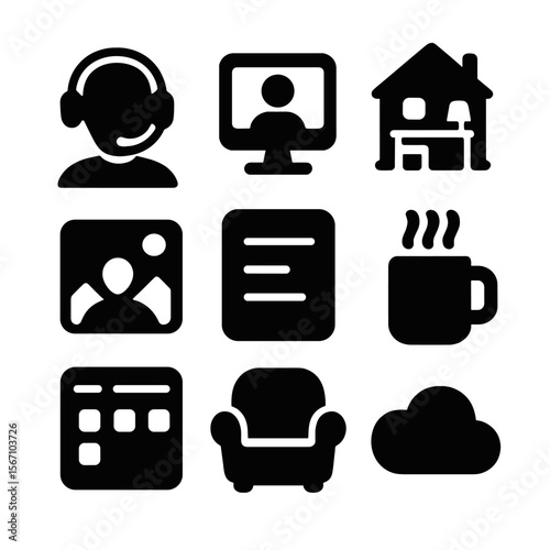 Remote Work Icon Set. Solid, filled icons set of remote work routines: headset manager, video call screen,