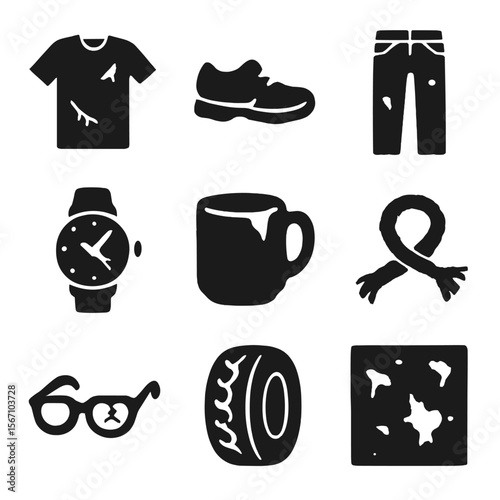Worn Objects Icons. Solid, filled icon set of worn objects: torn shirt, cracked shoe sole, faded jeans, scratched watch, chipped