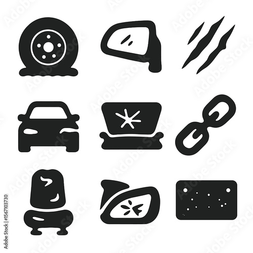 Worn Transportation Icons. Solid, filled icon set of worn transportation: flat tire, broken mirror, scratched paint, dented bumper