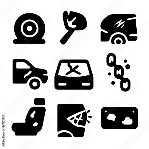 Worn Transportation Icons. Solid, filled icon set of worn transportation: flat tire, broken mirror, scratched paint, dented bumper