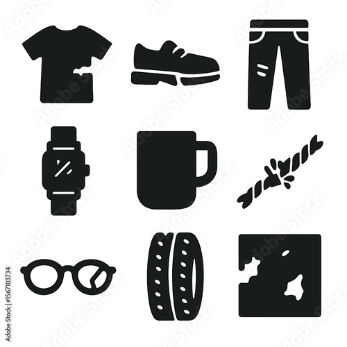 Worn Objects Icons. Solid, filled icon set of worn objects: torn shirt, cracked shoe sole, faded jeans, scratched watch, chipped