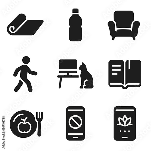Remote Work Essentials Icons. Solid, filled icons set of remote work lifestyle and balance: yoga mat, water