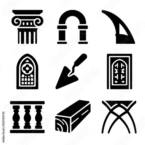Renaissance Architecture Icons. Solid, filled icons set of renaissance architecture crafts: column capital,