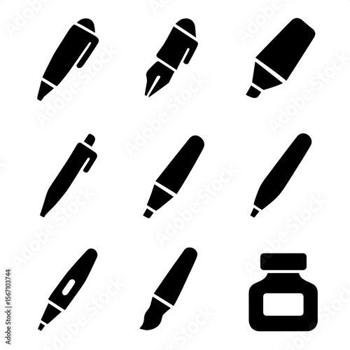 Writing Instruments Icons. Solid, filled icon set of writing instruments: ballpoint pen, fountain pen, marker, mechanical pencil,