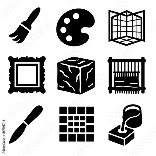 Renaissance Art Icons. Solid, filled icons set of renaissance art techniques: fresco brush, tempera palette,