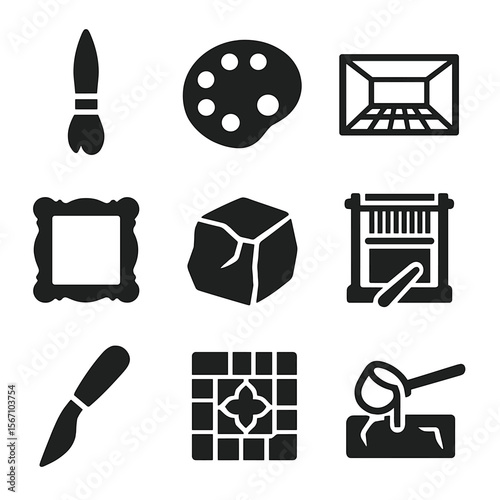 Renaissance Art Icons. Solid, filled icons set of renaissance art techniques: fresco brush, tempera palette,