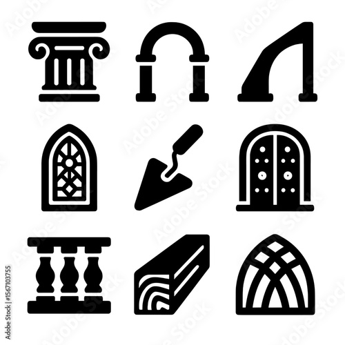 Renaissance Architecture Icons. Solid, filled icons set of renaissance architecture crafts: column capital,