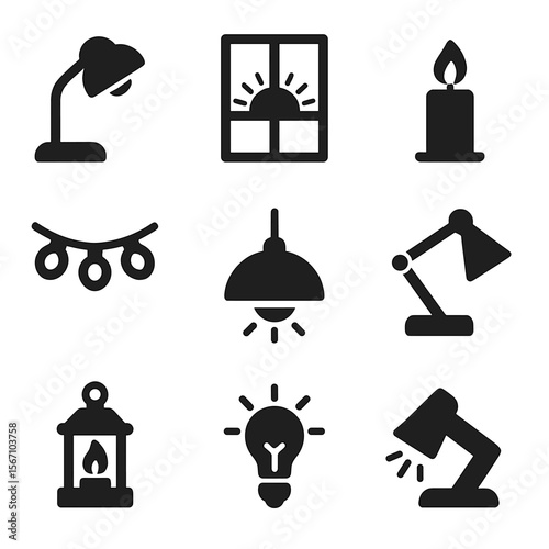 Writing Desk Lighting Icons. Solid, filled icon set of writing desk lighting: desk lamp, natural light window, candle flame, fairy