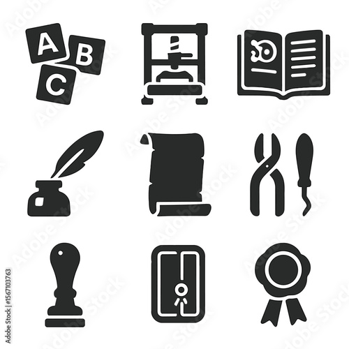 Renaissance Bookmaking Icons. Solid, filled icons set of renaissance bookmaking and printing: movable type,