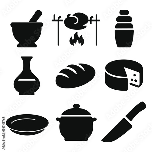 Renaissance Culinary Icons. Solid, filled icons set of culinary crafts in the renaissance: mortar and pestle,