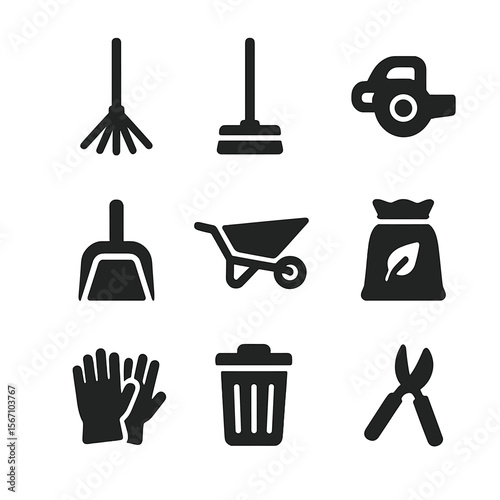 Yard Tool Icons. Solid, filled icon set of yard cleaning tools: rake, broom, leaf blower, dustpan, wheelbarrow, garden bag, gloves