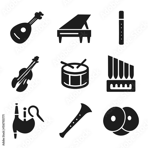 Renaissance Instrument Icons. Solid, filled icons set of renaissance musical instruments: lute, harpsichord,