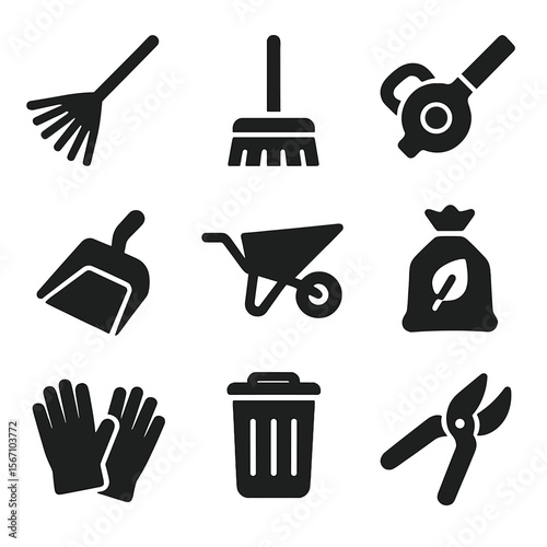 Yard Tool Icons. Solid, filled icon set of yard cleaning tools: rake, broom, leaf blower, dustpan, wheelbarrow, garden bag, gloves