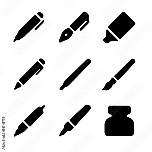 Writing Instruments Icons. Solid, filled icon set of writing instruments: ballpoint pen, fountain pen, marker, mechanical pencil,