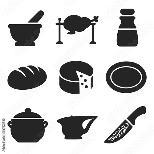 Renaissance Culinary Icons. Solid, filled icons set of culinary crafts in the renaissance: mortar and pestle,