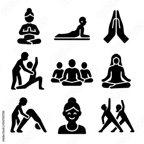 Yoga Icon Set. Solid, filled icon set of yoga instructors and students: yoga teacher, student on mat, hands in namaste, instructor