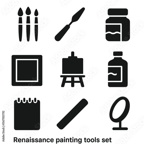 Renaissance Painting Tools Icons. Solid, filled icons set of renaissance painting tools: brush set, palette