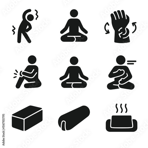 Yoga Icons Set. Solid, filled icon set of yoga for arthritis: gentle stretch, seated pose, wrist rotation, knee support,
