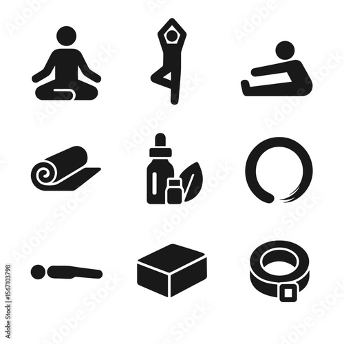 Yoga Icon Set. Solid, filled icon set of yoga and relaxation: seated pose, tree pose, stretching figure, rolled yoga mat,