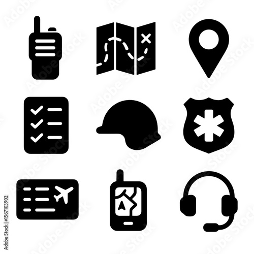 Rescue Team Icon Set. Solid, filled icons set of rescue team coordination tools: walkie-talkie, command map,