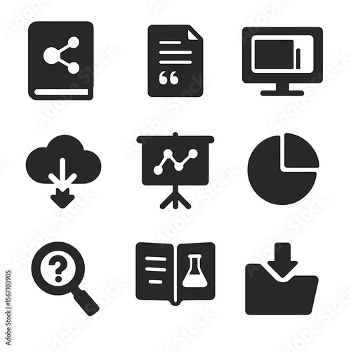 Research Tools Icons. Solid, filled icons set of graduate student research tools: scientific journal, citation