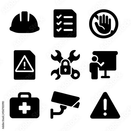 Zero Harm Icons. Solid, filled icon set of zero harm workplaces: safety helmet, checklist, no injury icon, hazard report, secure