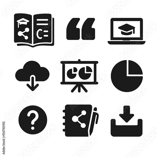Research Tools Icons. Solid, filled icons set of graduate student research tools: scientific journal, citation