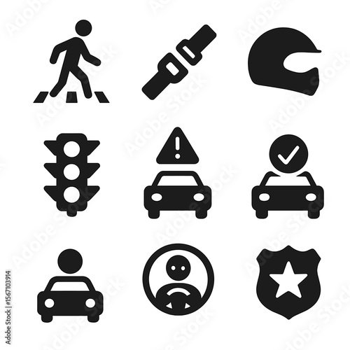 Zero Accidents Icons Set. Solid, filled icon set of zero accidents transport: pedestrian crosswalk, seatbelt icon, speed limit,