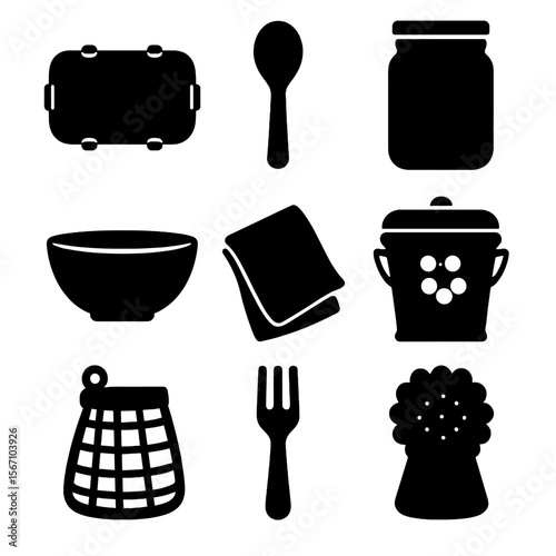 Zero Waste Kitchen Icons. Solid, filled icon set of zero waste kitchen items: stainless steel lunchbox, wooden spoon, mason jar,