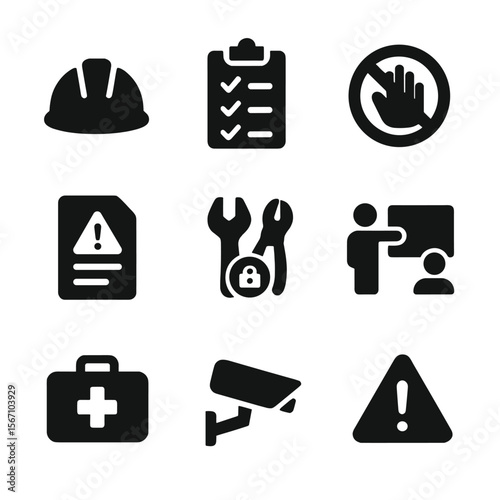 Zero Harm Icons. Solid, filled icon set of zero harm workplaces: safety helmet, checklist, no injury icon, hazard report, secure