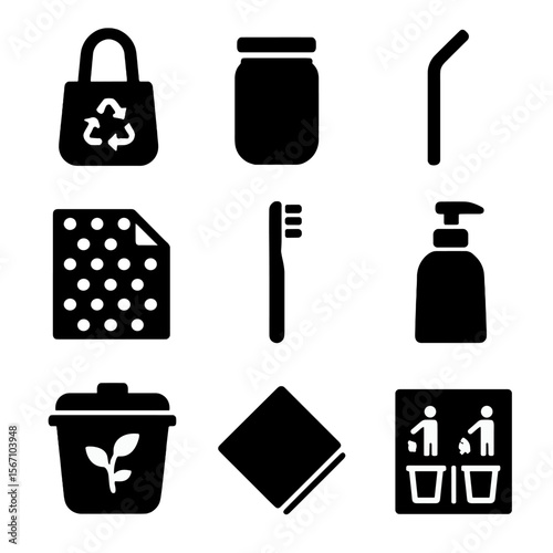 Zero-Waste Icons. Solid, filled icon set of zero-waste lifestyle: reusable bag, glass jar, metal straw, beeswax wrap, bamboo