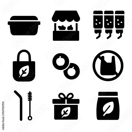 Zero Waste Icons. Solid, filled icon set of zero waste shopping: reusable container, farmers market, bulk bins, refill station,