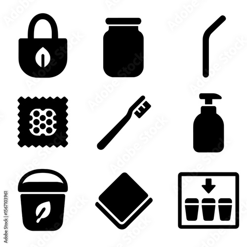 Zero-Waste Icons. Solid, filled icon set of zero-waste lifestyle: reusable bag, glass jar, metal straw, beeswax wrap, bamboo