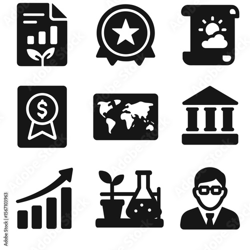 Resilient Crops Icon Set. Solid, filled icons set of policy and research for resilient crops: agriculture
