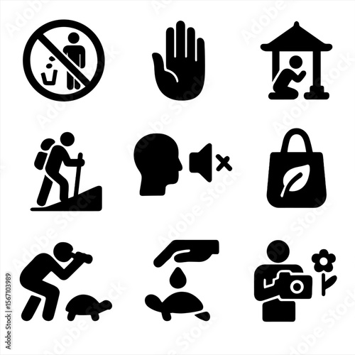 Responsible Travel Icons. Solid, filled icons set of responsible travel behavior: no littering sign,