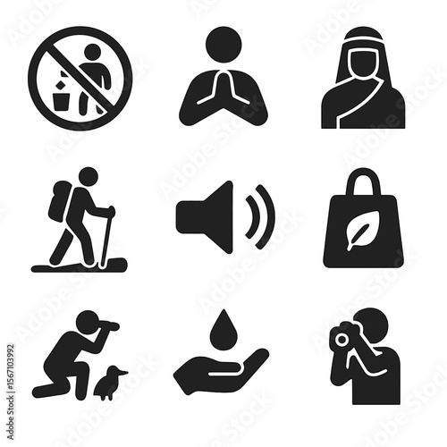Responsible Travel Icons. Solid, filled icons set of responsible travel behavior: no littering sign,