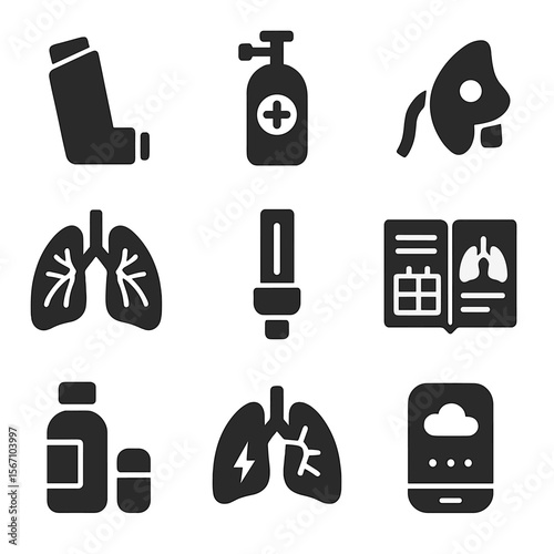 Respiratory Health Icons. Solid, filled icons set of respiratory health management: inhaler, oxygen tank,