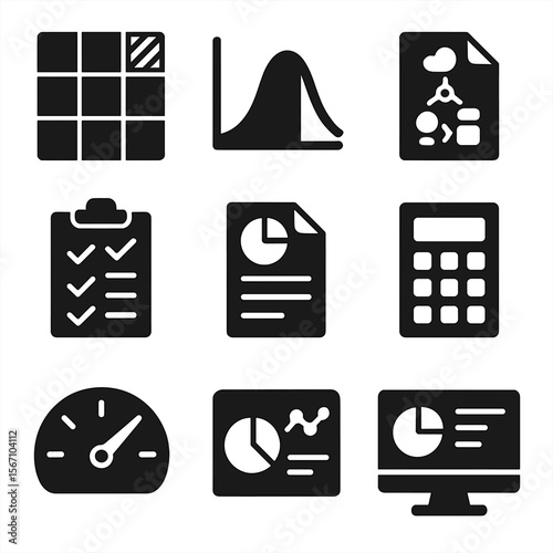 Risk Assessment Icons. Solid, filled icons set of risk assessment tools and methods: risk heatmap, probability