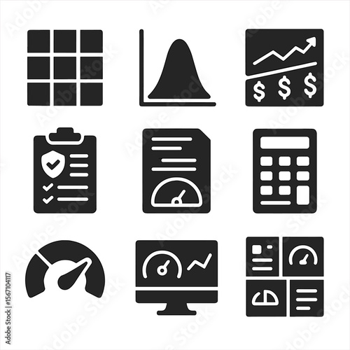 Risk Assessment Icons. Solid, filled icons set of risk assessment tools and methods: risk heatmap, probability