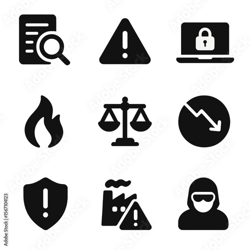 Risk Management Icons. Solid, filled icons set of identifying business risks: magnifying glass over document,