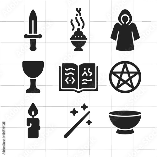 Ritual Magic Tools Icons. Solid, filled icons set of ritual magic tools: ceremonial dagger, incense burner,