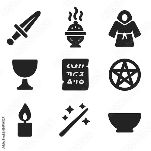Ritual Magic Tools Icons. Solid, filled icons set of ritual magic tools: ceremonial dagger, incense burner,