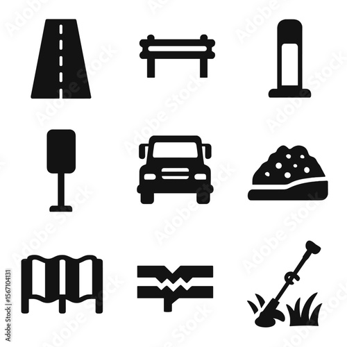 Road Maintenance Icons. Solid, filled icons set of rural and highway repairs: long road, guardrail, distance