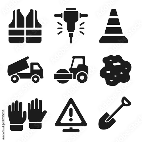 Road Maintenance Icons. Solid, filled icons set of road maintenance crews repairing potholes and streets: