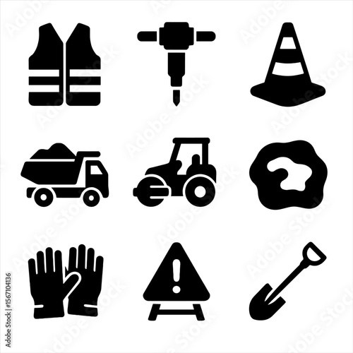 Road Maintenance Icons. Solid, filled icons set of road maintenance crews repairing potholes and streets:
